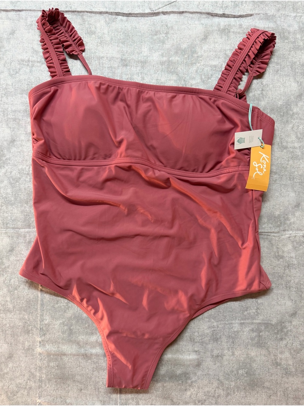 One Piece Swimsuit Kona Sol Mauve XLarge Square Neck Ruffle Shoulder